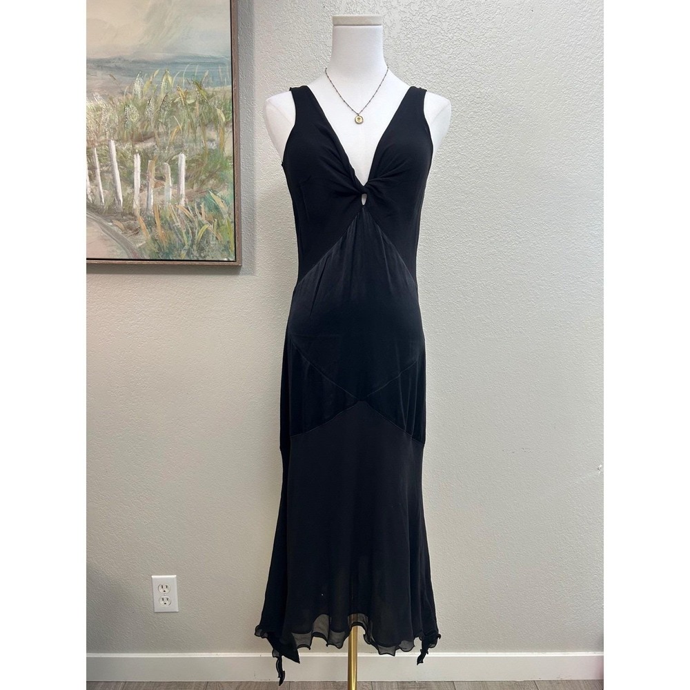 Vintage Georgiou Studio 100% Silk Black Midi Dress Handkerchief Hem Y2K Size 4